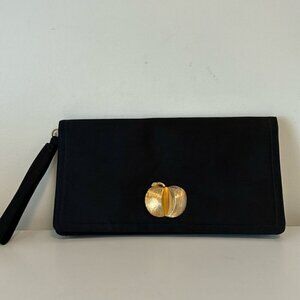 Vintage Bienen Davis black satin clutch/wristlet with goldtone 3D Apple detail